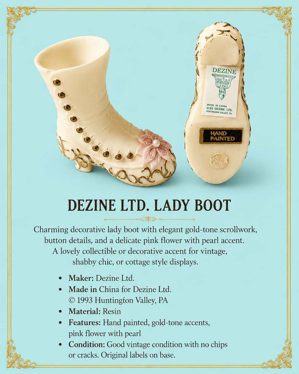 1993 Dezine Ltd. Hand Painted Victorian Style Decorative Lady Boot Figurine